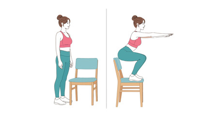Fototapeta premium This vector illustration graphic design showcases a fitness illustration of a woman performing a chair squat exercise, demonstrating proper form and technique for a healthy lifestyle activity.