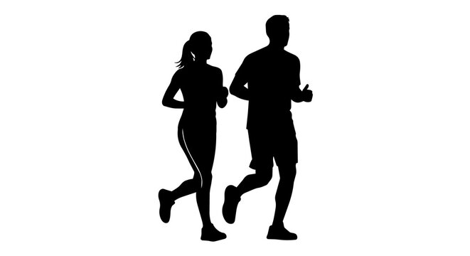 Black silhouette of a man and woman running together, isolated on transparent background