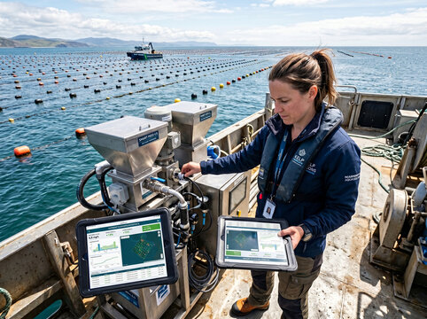 Woman works on marine farm monitoring equipment