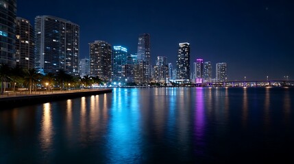 Obraz premium Urban Night Reflections in Water / 水面に映る都会の夜の反射