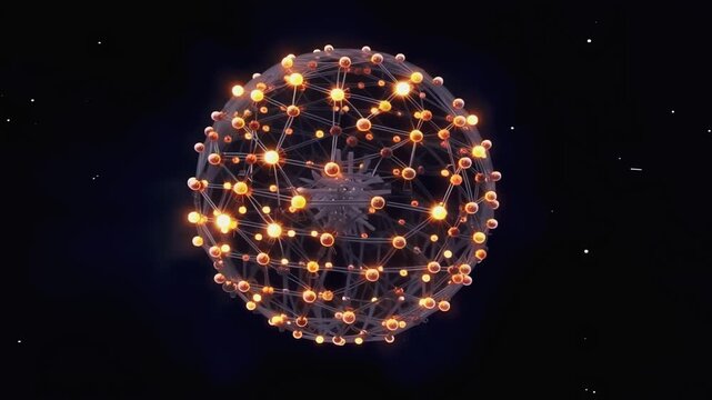 Rotating spherical neural network with amber glowing nodes and pulsing connections in dark space