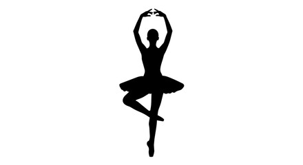 Black silhouette of ballerina in tutu performing arabesque, isolated on transparent background © Hughes