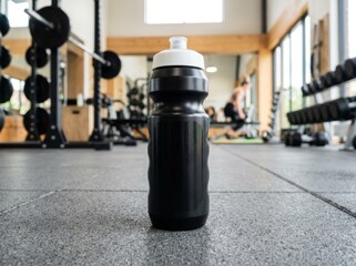 Fototapeta premium mockup Black Water Bottle on Gym Floor with Blurred Fitness Background