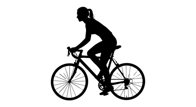 Female cyclist silhouette riding a road bike, isolated on transparent background