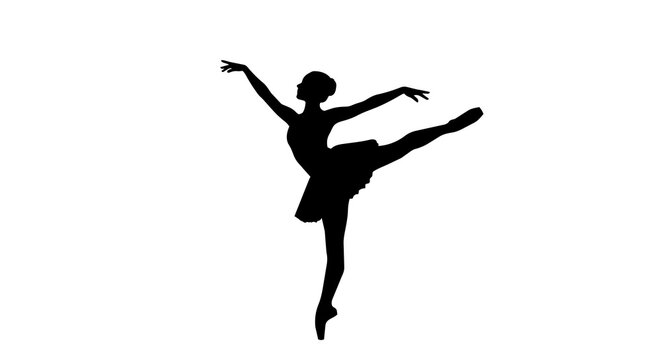 Black silhouette of a ballerina performing a graceful arabesque, isolated on transparent background