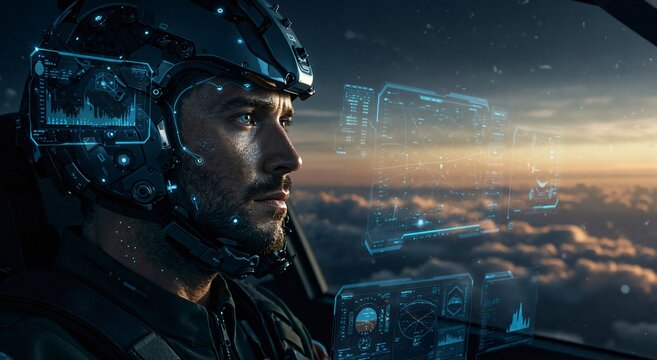 Male pilot in futuristic helmet with holographic displays. Modern flight technology for aviation, aerospace, and pilot training.