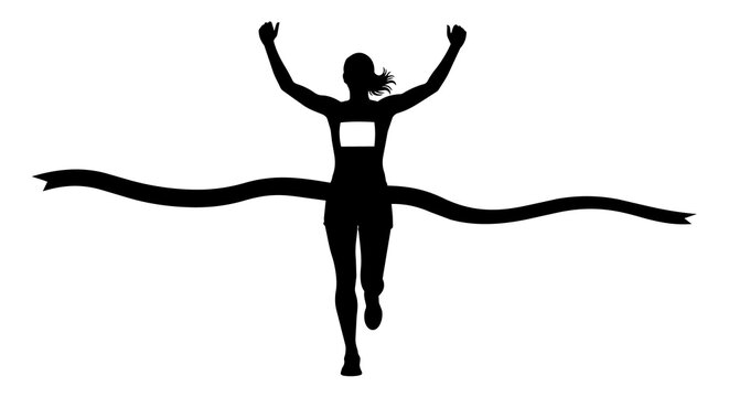 Female runner silhouette crossing finish line ribbon, isolated on transparent background