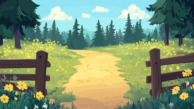 A charming, pixelated forest scene with a path, flowers, trees, and rustic wooden fence