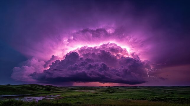 Massive Supercell Thunderstorm Illuminated by Intense Lightning Over a Verdant Landscape