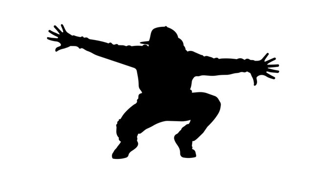 Black silhouette of a person in a hoodie and cap crouching with arms outstretched, isolated on transparent background