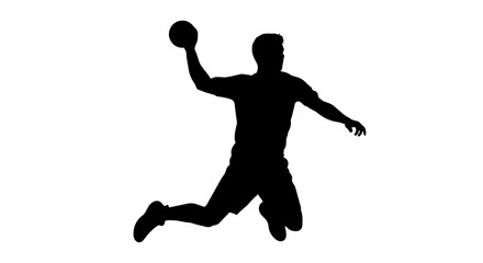 Black silhouette of a male handball player throwing ball, isolated on transparent background © Hughes