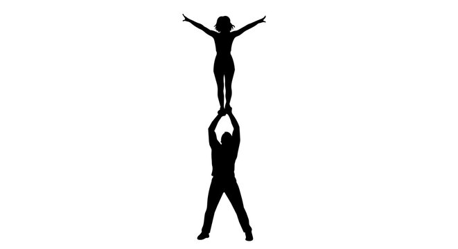 Silhouette of a man lifting a woman in a cheerleading pose, isolated on transparent background