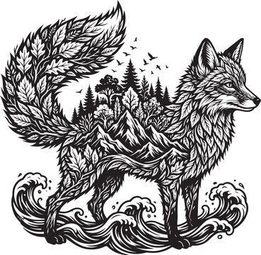 Fox silhouette built from autumn leaves in double exposure vector style - Adobe Illustrator Artwork