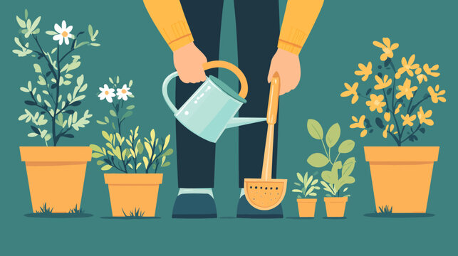 A person tending to potted flowers with a watering can and a trowel on a teal background