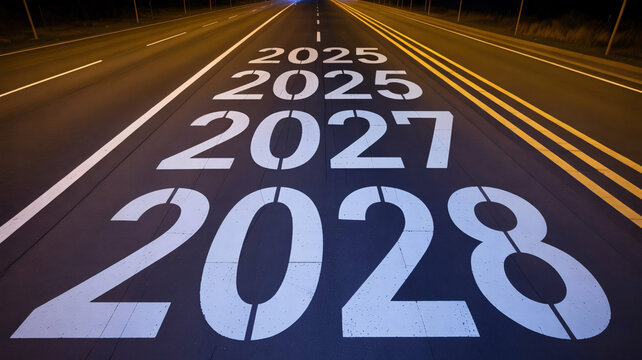 Roadway shows the numerical sequence of years twenty twenty-five, twenty twenty-seven, and twenty twenty-eight painted in white on the asphalt surface at night with illuminated lane lines.