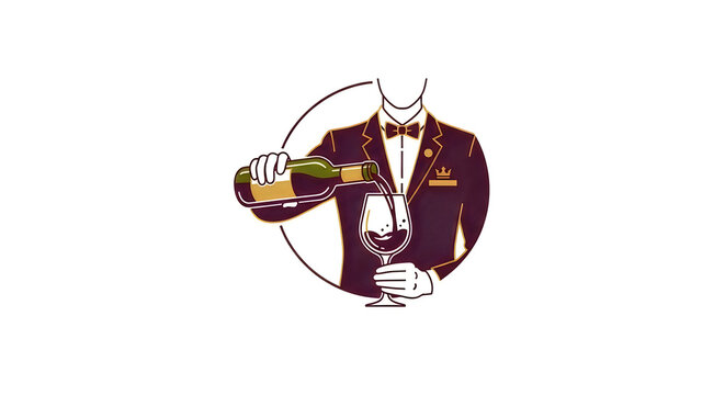 Professional Sommelier Pouring Red Wine Vector Illustration Logo