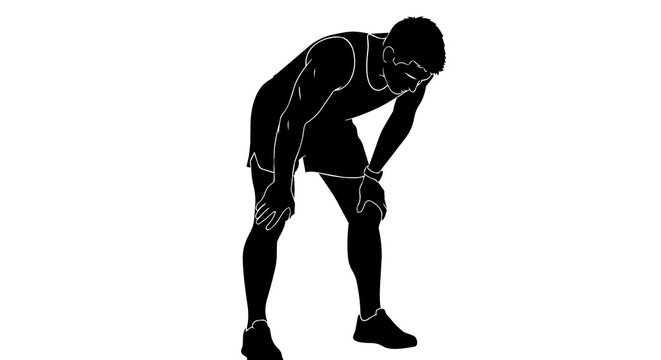 Black silhouette of a tired athlete bending over with hands on knees, isolated on transparent background