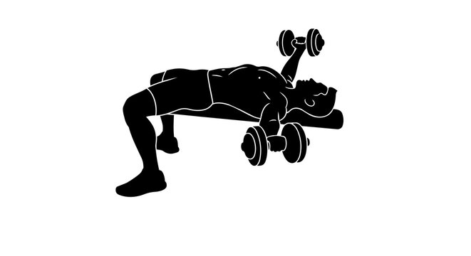 Man performing dumbbell chest press exercise on bench, isolated on transparent background