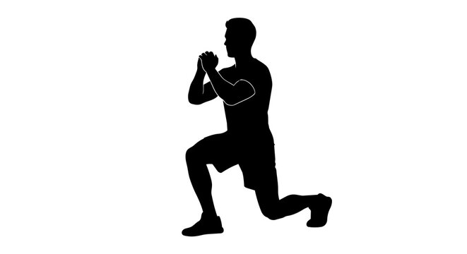 Man performing lunge exercise with hands clasped, isolated on transparent background