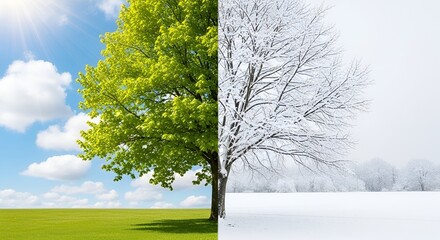 Fototapeta premium Tree Divided Showing Spring and Winter Seasons, Nature Contrast