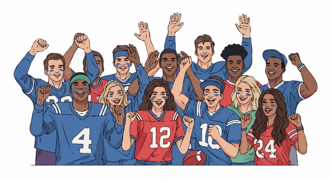 A diverse group of young people wearing sports jerseys and face paint, cheering and celebrating together at a sporting event