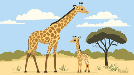 Obraz premium An illustration features two giraffes in a savanna scene under a bright blue sky with clouds