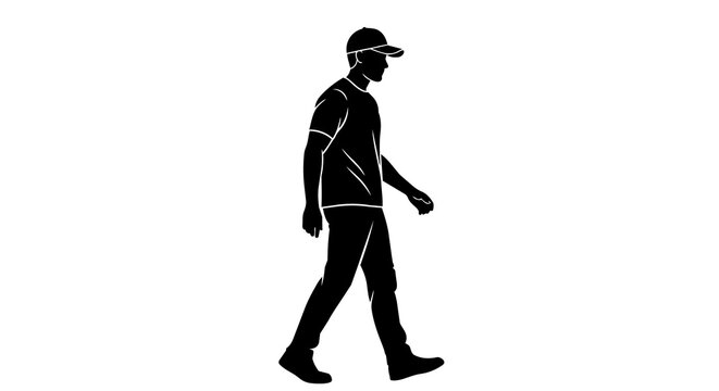 Man wearing t-shirt and baseball cap walking, isolated on transparent background