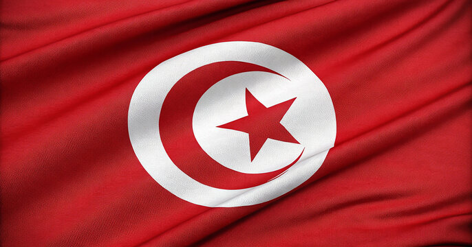 National flag of Tunisia featuring the red crescent and star in a white circle. Detailed waving fabric texture of the Tunisia flag for North African culture