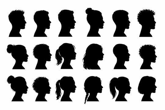 Minimalist profile silhouettes of diverse people, collection of 18 human head side view icons, black avatar vector set for social media and web design
