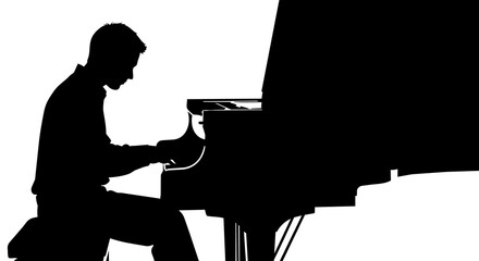 Silhouette of a man playing a grand piano, isolated on transparent background © Hughes