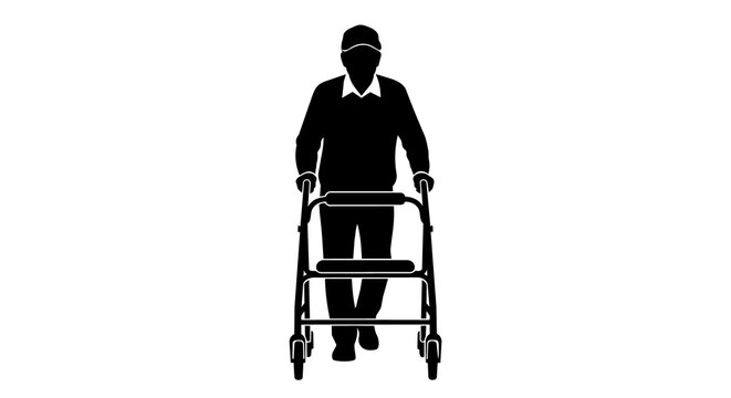 Elderly man silhouette pushing a walker with seat, isolated on transparent background