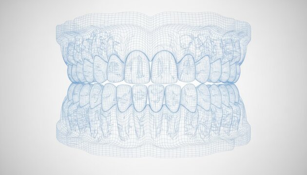 Technical wireframe model of human teeth and gums showing the dental structure for medical analysis and orthodontics planning software