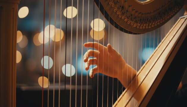 Musician hands gently plucking the strings of a wooden harp during a performance with soft bokeh lights in the blurred background scenery