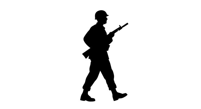 Silhouette soldier with rifle walking, isolated on transparent background