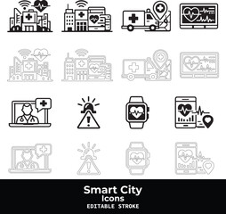 Obraz premium Smart City Black Vector Icon Set with Urban Technology and IoT Infrastructure Symbols