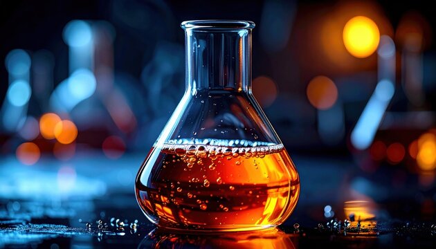 Glass flask with amber chemical liquid symbolizing bromine supply risks for semiconductor manufacturing amid Middle East disruptions.
