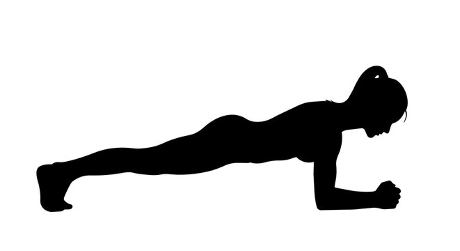 Female silhouette performing forearm plank exercise, isolated on transparent background