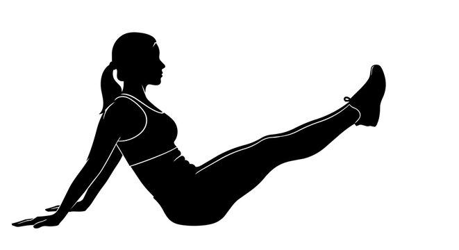 Black silhouette of a woman performing a V-up exercise, isolated on transparent background
