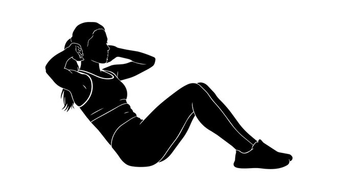 Silhouette of a woman performing a crunch exercise, isolated on transparent background