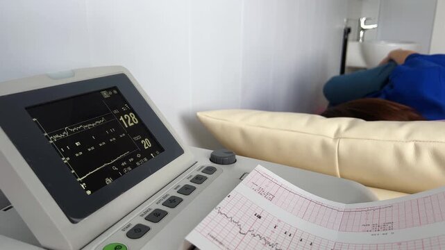 Pregnant woman lying on a hospital bed while a cardiotocography machine monitors the fetal heart rate and uterine contractions, with the electrocardiogram printout visible