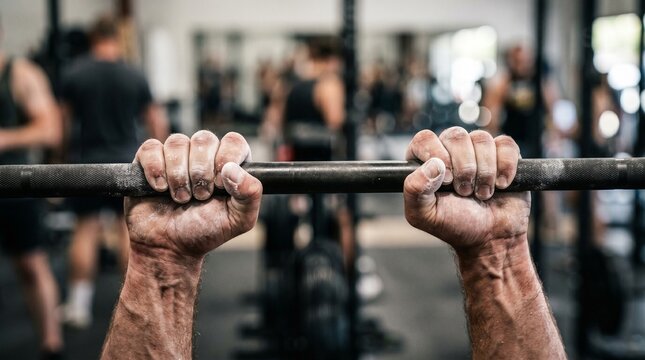 Close-up of a person's hands gripping a barbell in a gym, with blurred figures exercising in the background.