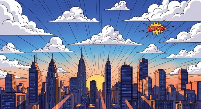 City skyline with clouds and comic book effect
