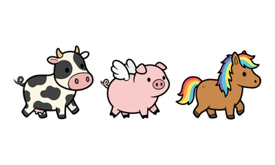 Fototapeta premium Cute Cartoon Farm Animals Set with Cow Flying Pig and Rainbow Horse