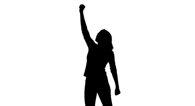 Silhouette of a woman with raised fist, isolated on transparent background
