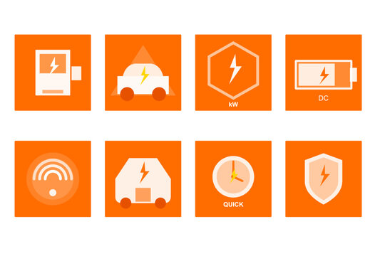 Set of electric vehicle and sustainable energy concept icons featuring flat orange graphics for eco friendly transportation and modern power technology solutions