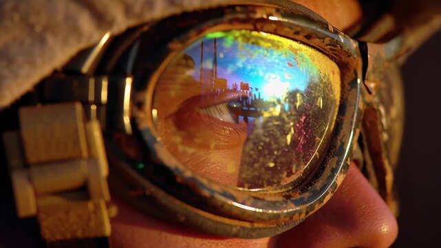 Military convoy crossing deserted wasteland concept. Close up of dirt covered protective goggles reflecting a bright outdoor scene on a person's eye