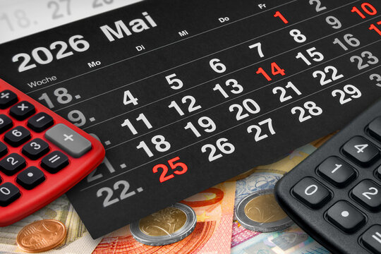 Deutscher Kalender Finanzen Monat Mai 2026 mit Rechner schwarz rot und Euro