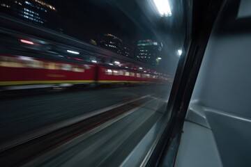 Fototapeta premium 窓から夜の街のスカイラインを通過する列車
