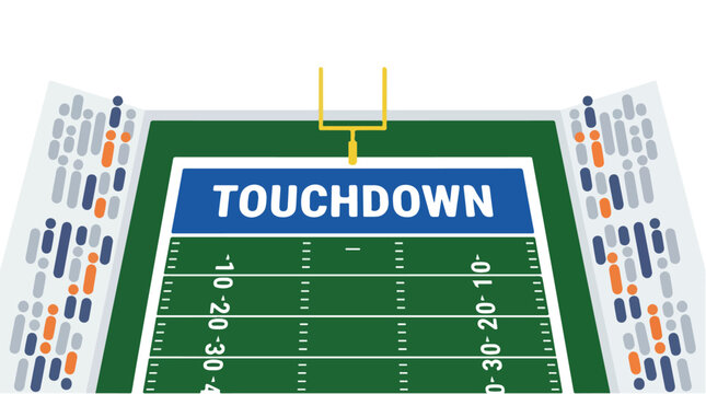 Vibrant American football stadium end zone with touchdown sign, yellow goalposts, green field, yard lines and colorful