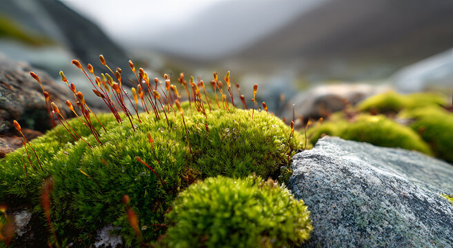 Vibrant Green Moss and Spore Capsules Thriving on Rocks in a Lush Natural Environment.